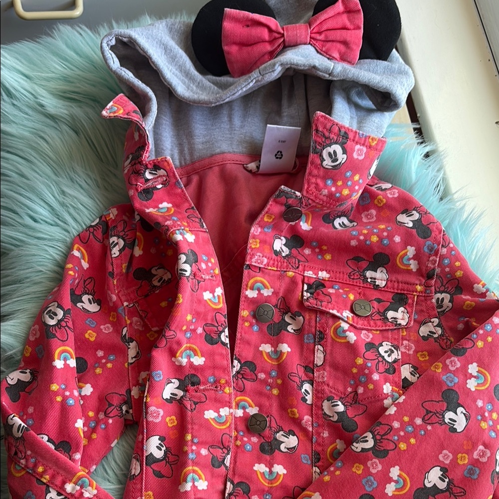 Disney red Jean Jacket with Minnie Mouse Design and ears/bow on hood
